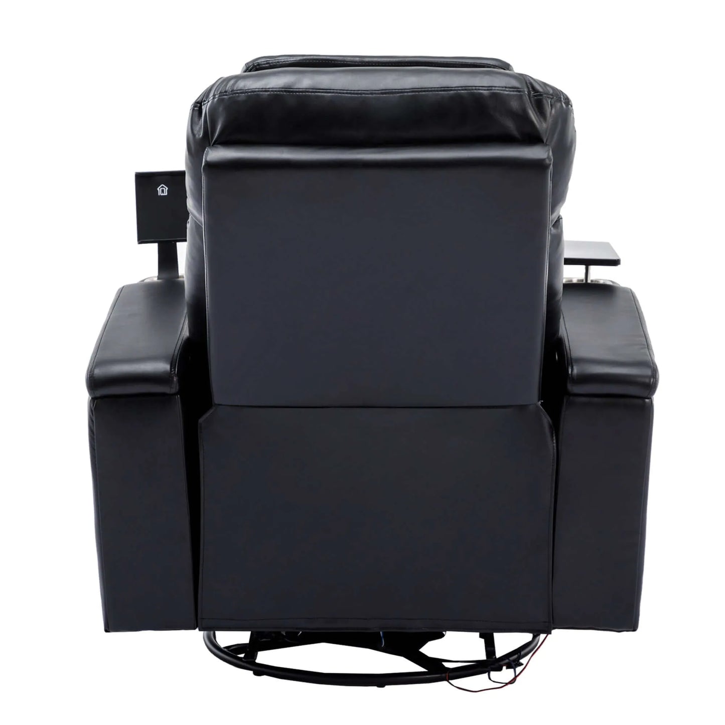Back side of a black recliner chair with a black swivel base on a white background