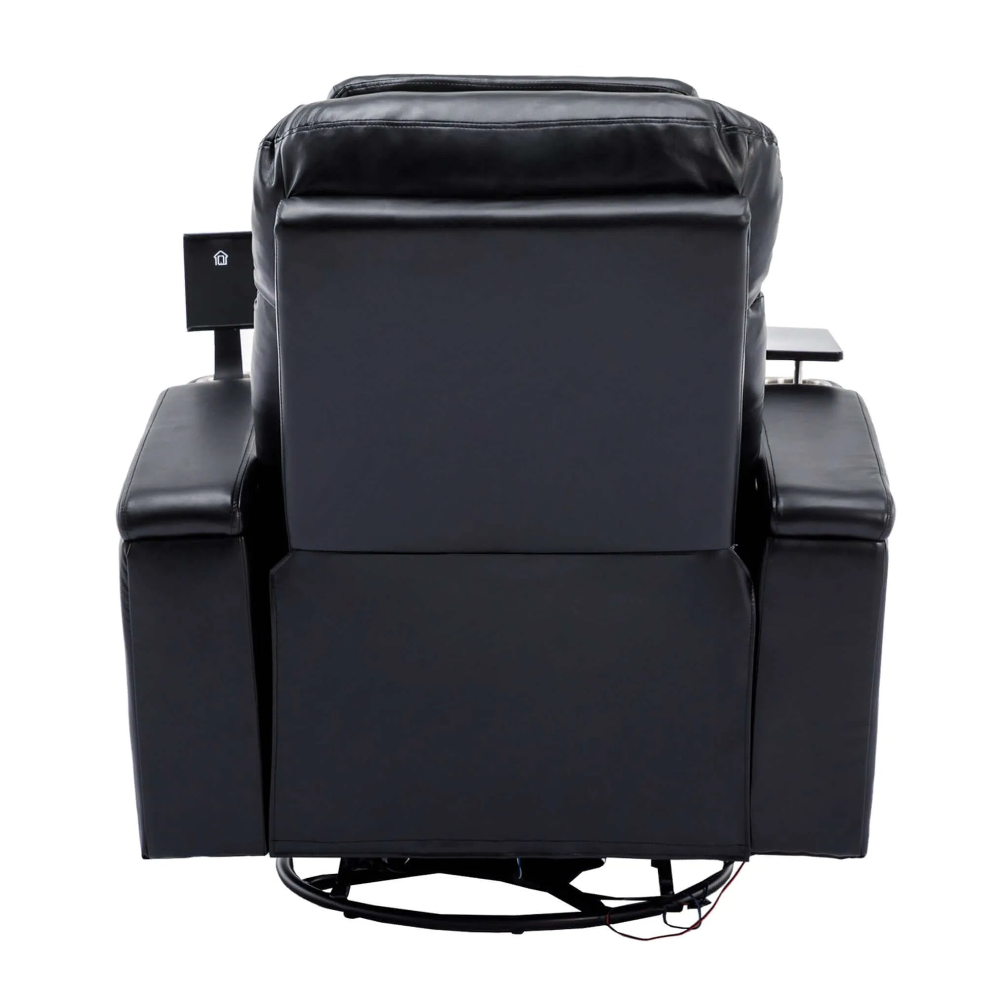 Back side of a black recliner chair with a black swivel base on a white background
