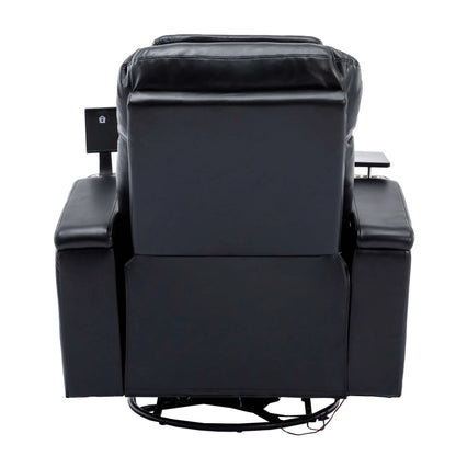Back side of a black recliner chair with a black swivel base on a white background