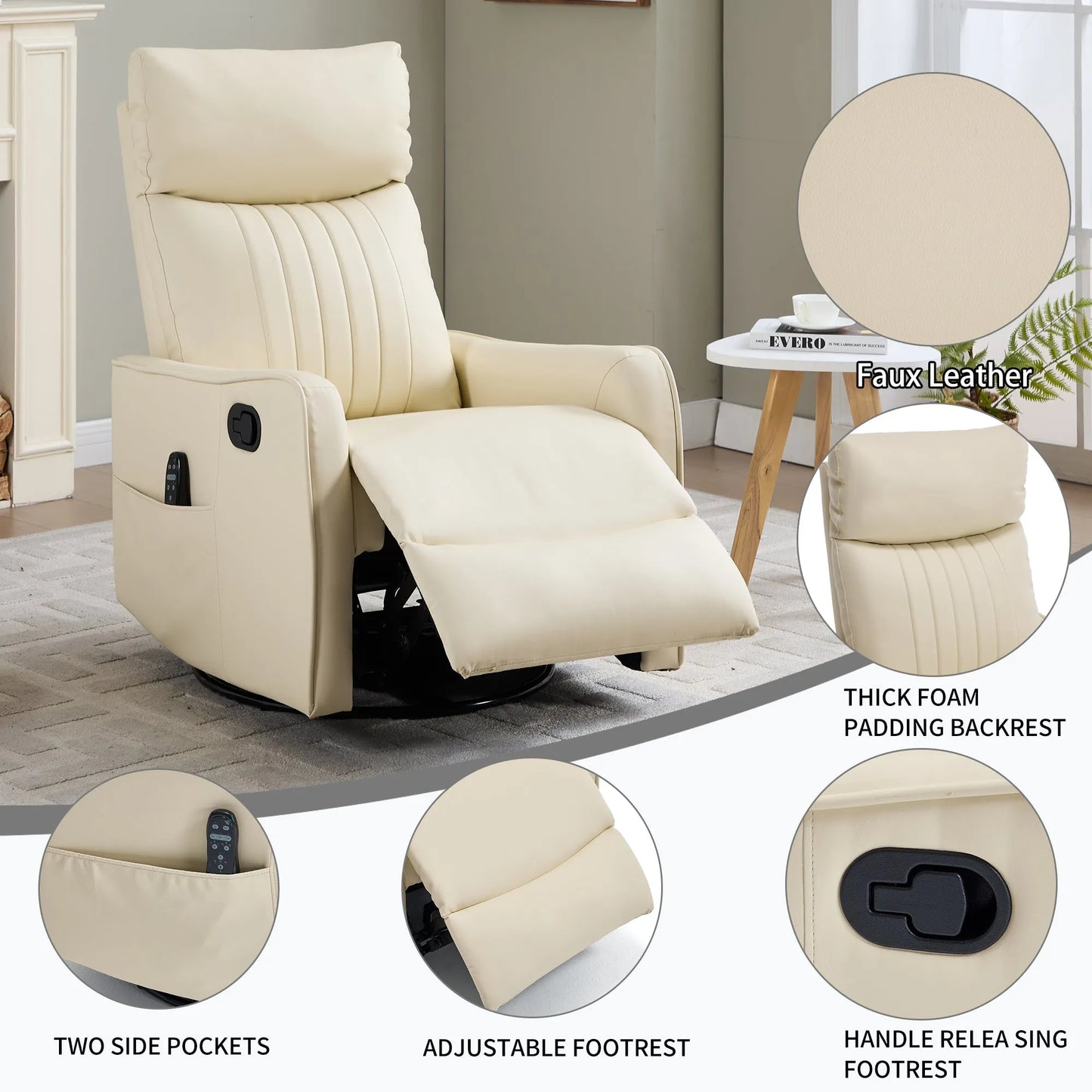 Beige recliner chair with features highlighted in a living room setting