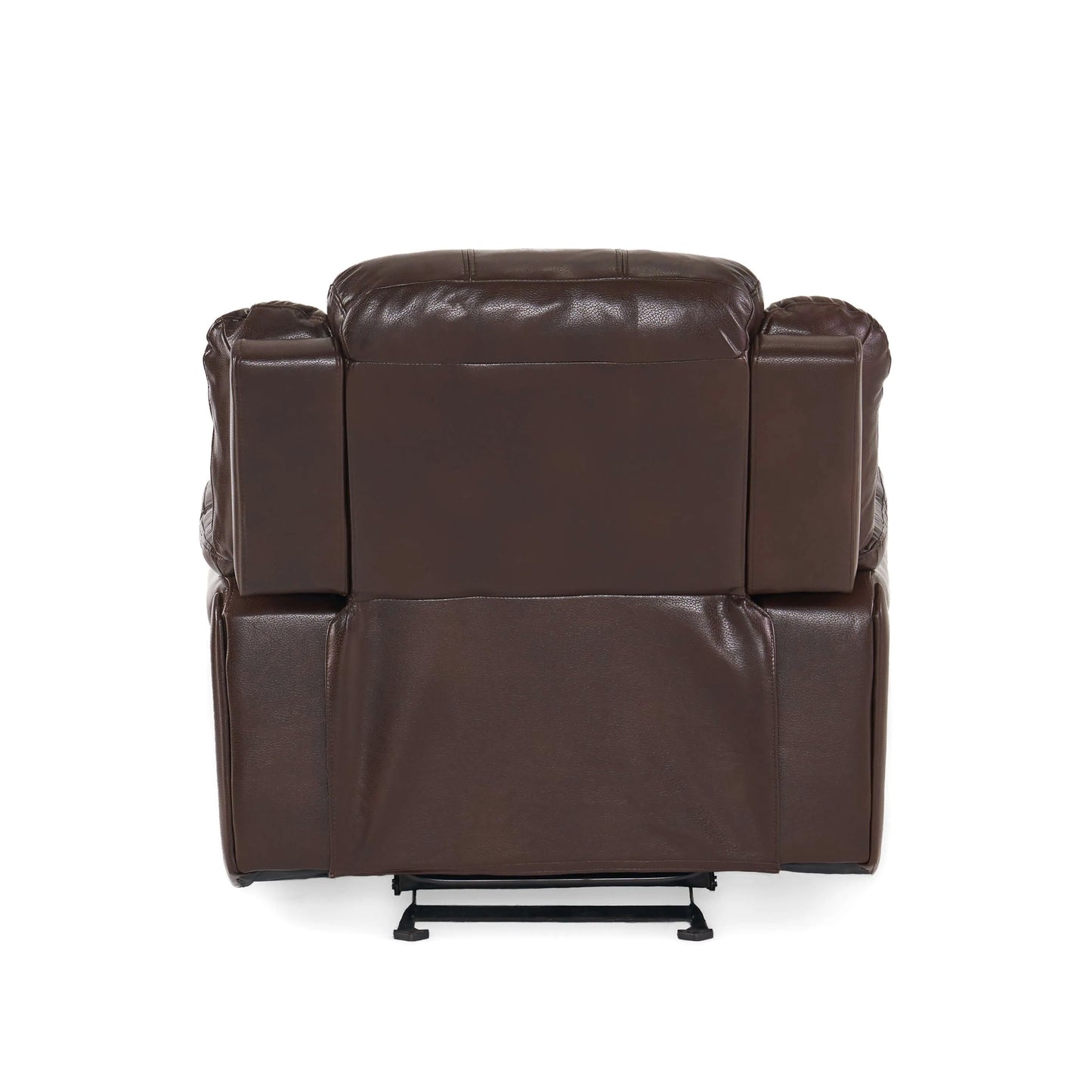 Back side of a dark brown faux leather glider recliner chair on a white background