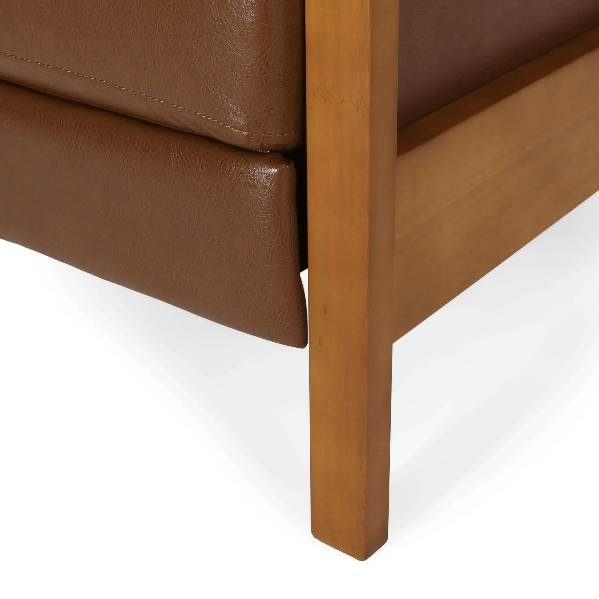 Brown faux leather chair with wooden legs on a white background