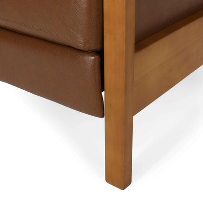 Brown faux leather chair with wooden legs on a white background