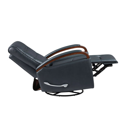 Navy blue faux leather swivel glider recliner chair with brown wooden accents reclining on a white background