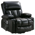 Black leather recliner chair with remote controls in storage pocket on a white background