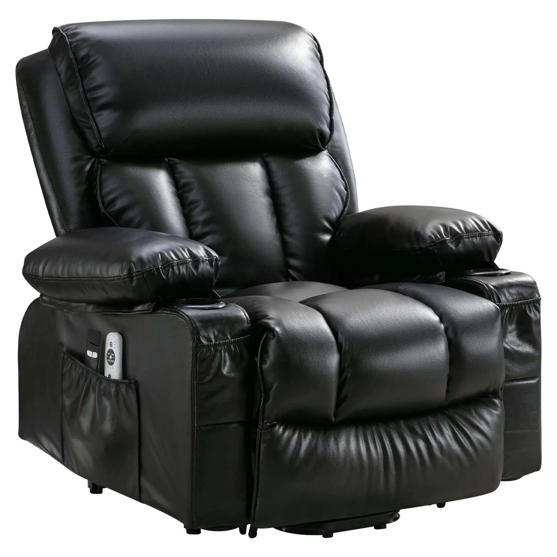 Black leather recliner chair with remote controls in storage pocket on a white background
