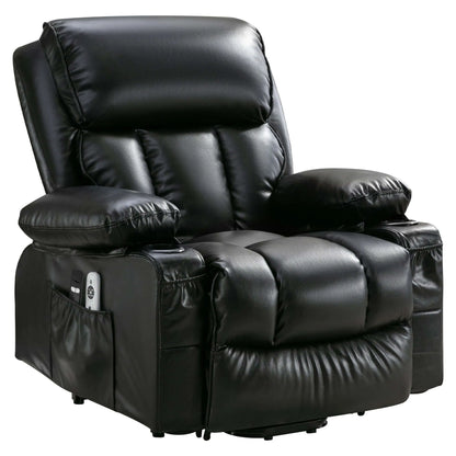 Black leather recliner chair with remote controls in storage pocket on a white background