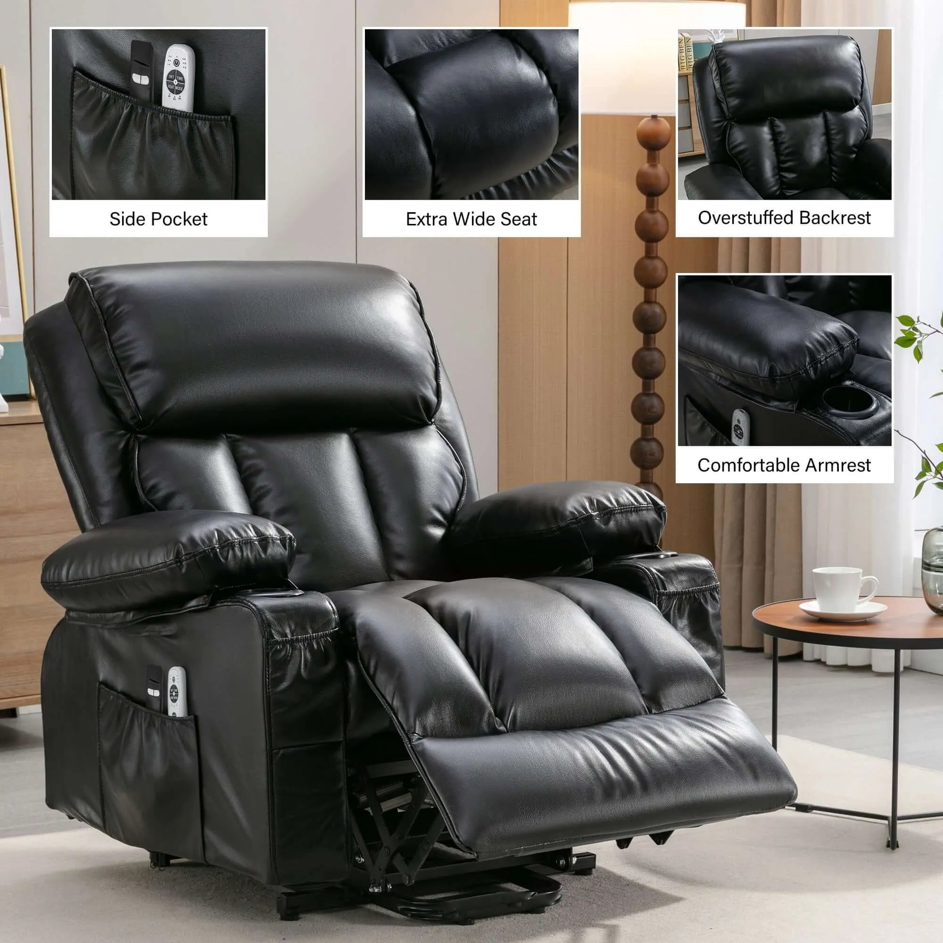 Black leather recliner chair with features highlighted in inset images.