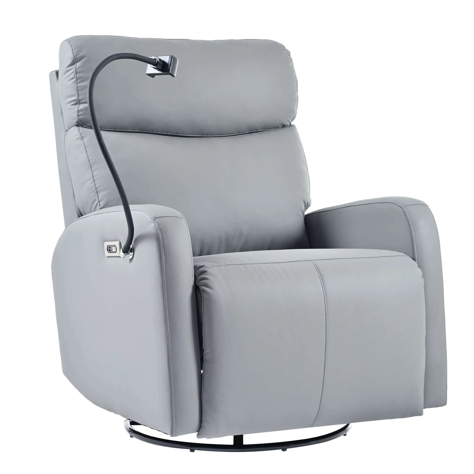 Gray recliner chair with armrest and headrest on a white background