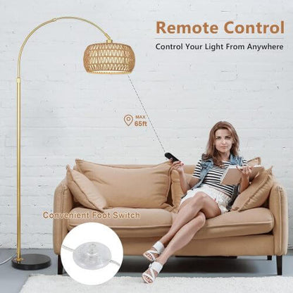 Boho Arc Floor Lamp with Remote, Dimmable LED & Rattan Shade – Gold