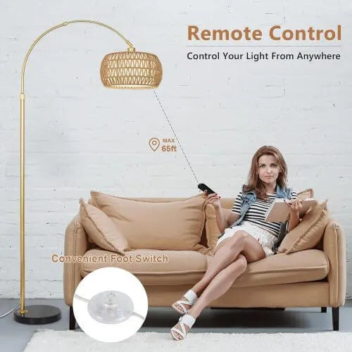 Woman sitting on a couch with a floor lamp and remote control, featuring text about remote control and foot switch.