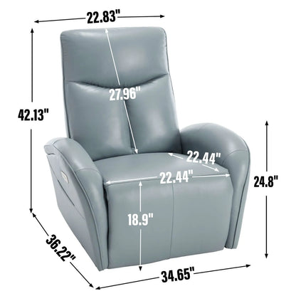 Blue recliner chair with dimensions marked on a white background