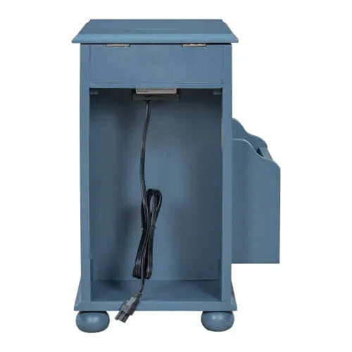 Back of a blue end table with a power cord inside on a white background