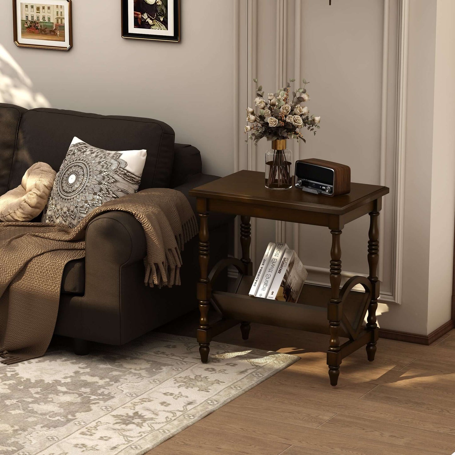 Classic Dark Brown End Table with Magazine Rack
