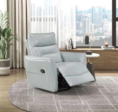 Light blue leather recliner chair in a modern living room with a cityscape view.