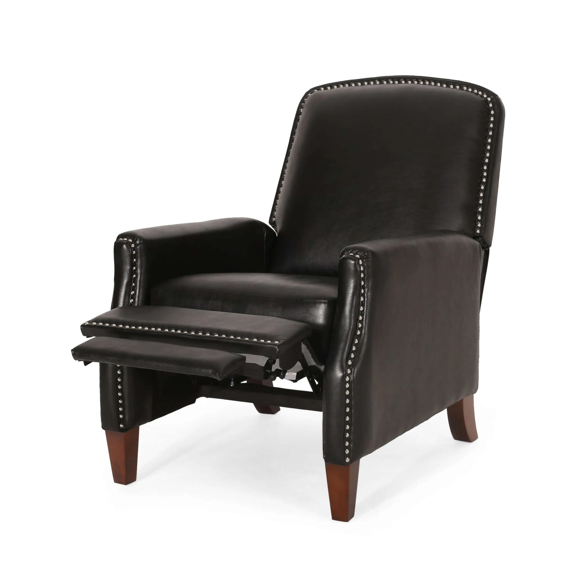 Black leather recliner chair partially reclined with nailhead trim on a white background