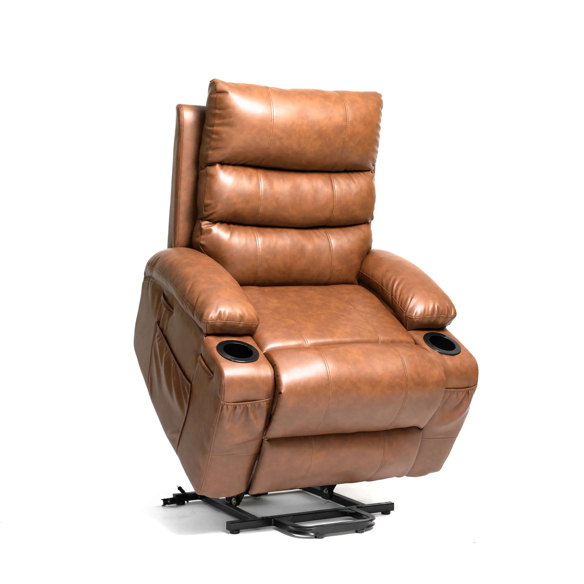 Front view of lift angle of a brown faux  leather power lift recliner chair with a wide seat, padded arms and cup holders on a white background