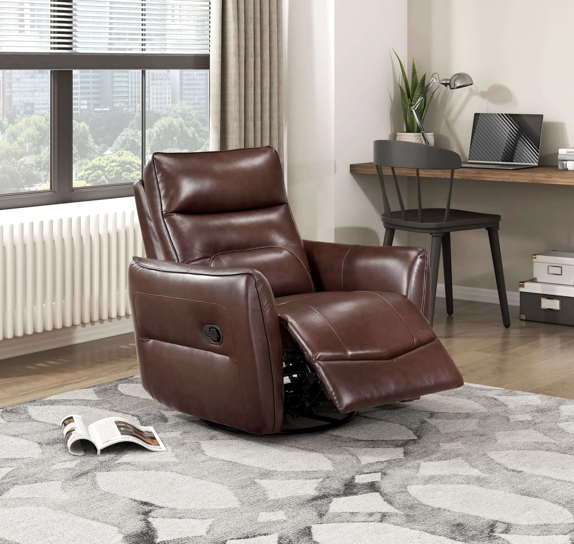 Brown leather recliner chair in a room with a desk and window.