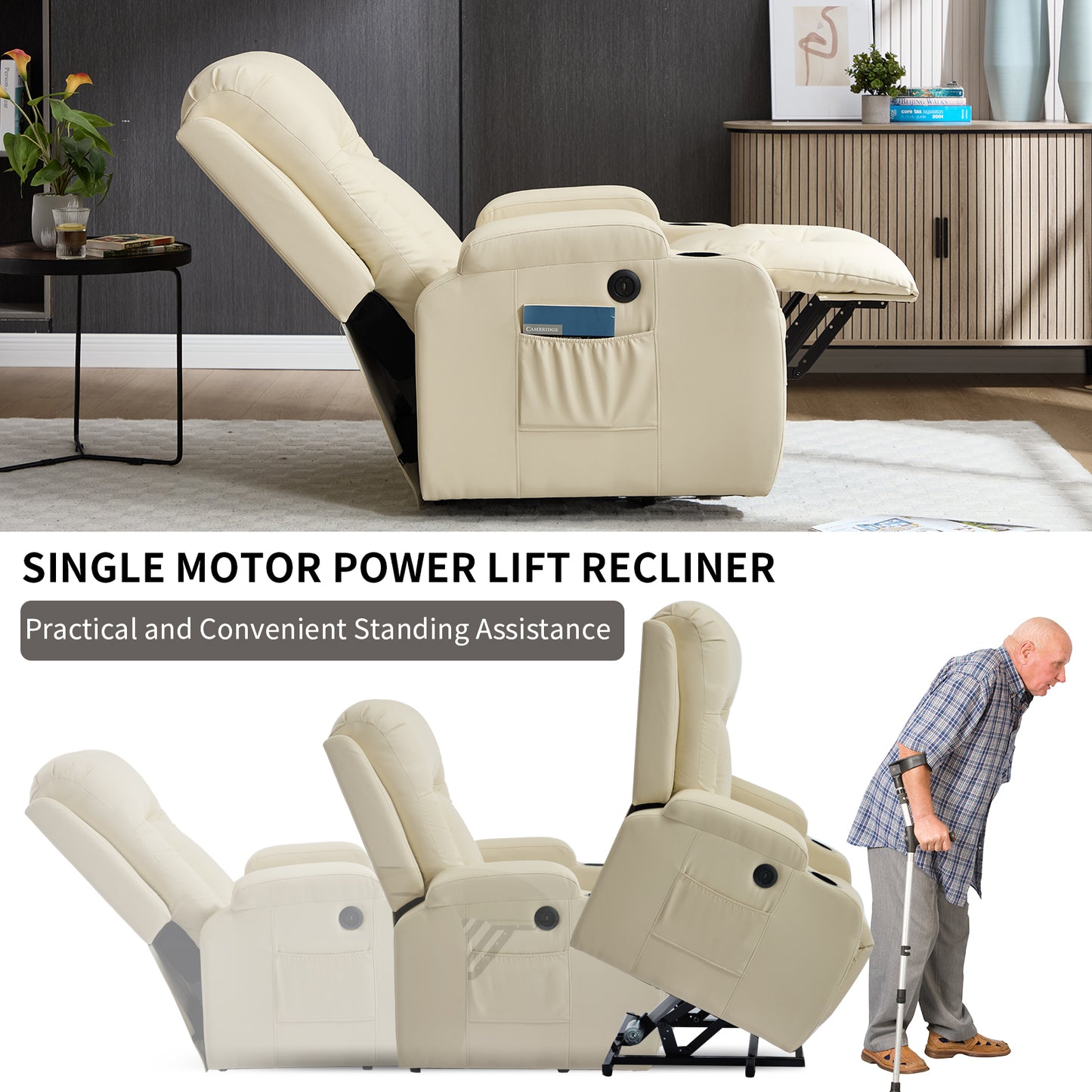 350 LB Power Lift Recliner w/ Massage, Heat, USB, Cup Holders-Beige