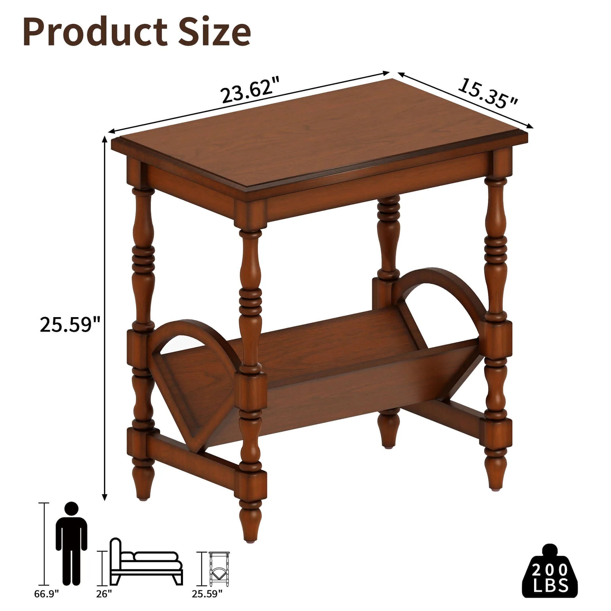 Cherry wood end table with dimensions and weight capacity on a white background