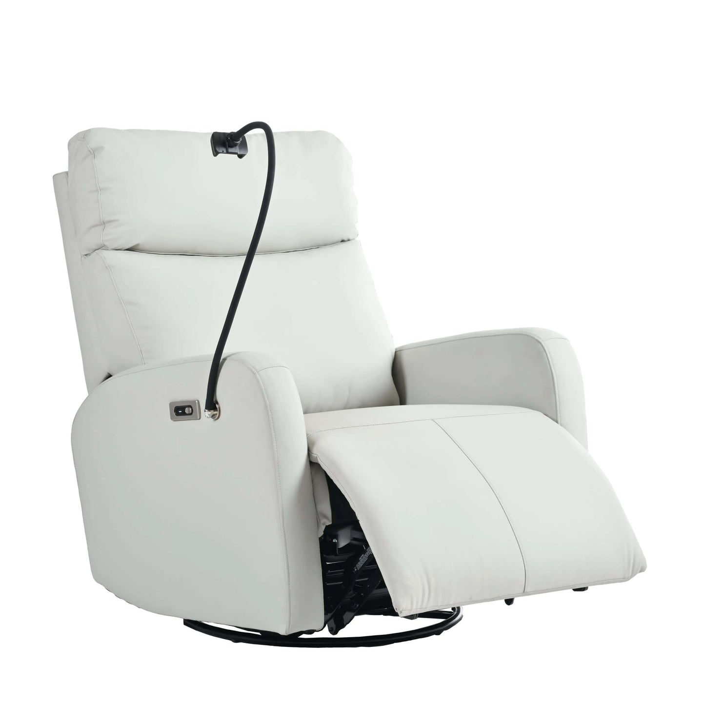 Light gray recliner chair with control buttons and footrest partially extended on a white background