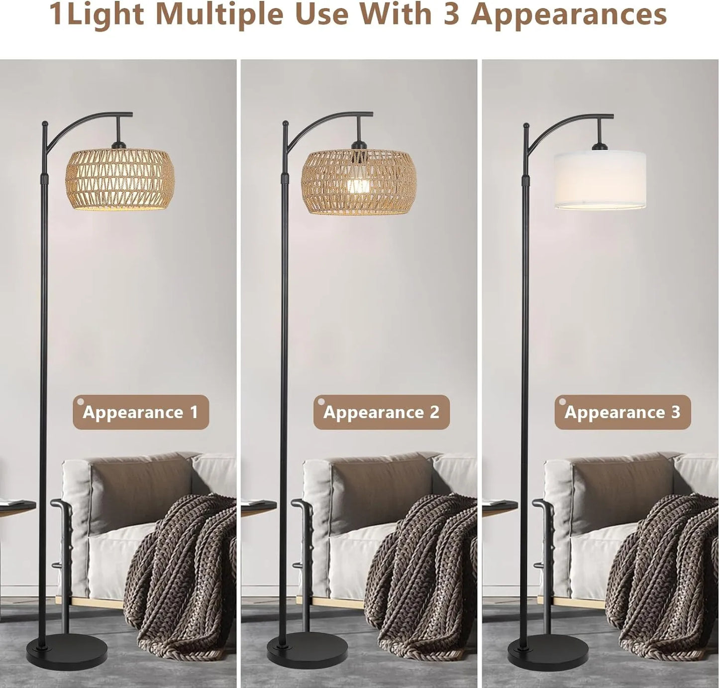 Three different appearances of a floor lamp with a living room background.