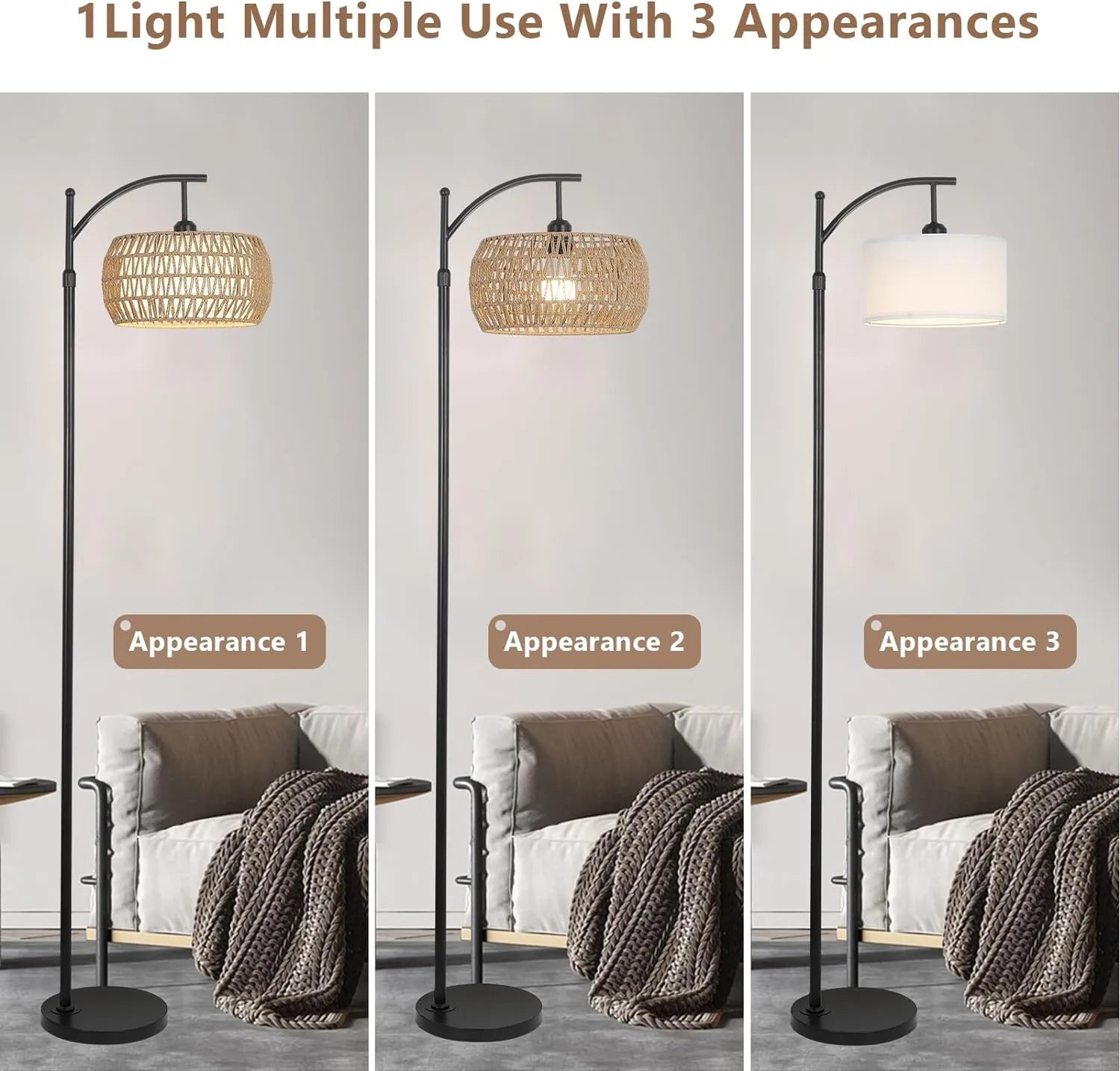 Three different appearances of a floor lamp with a living room background.