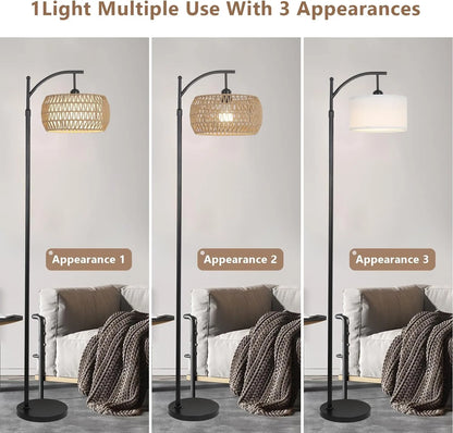 Three different appearances of a floor lamp with a living room background.