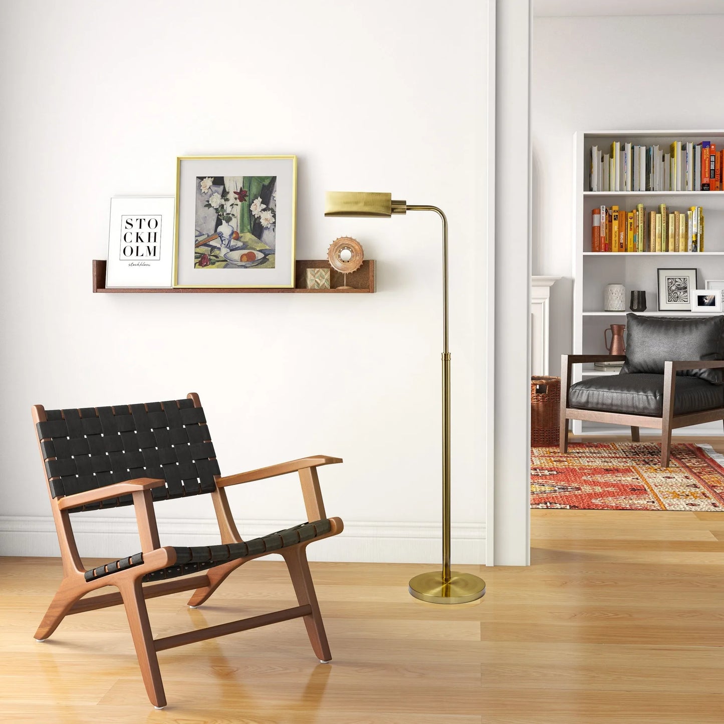 Modern living room with a wooden chair, floor lamp, and bookshelf.
