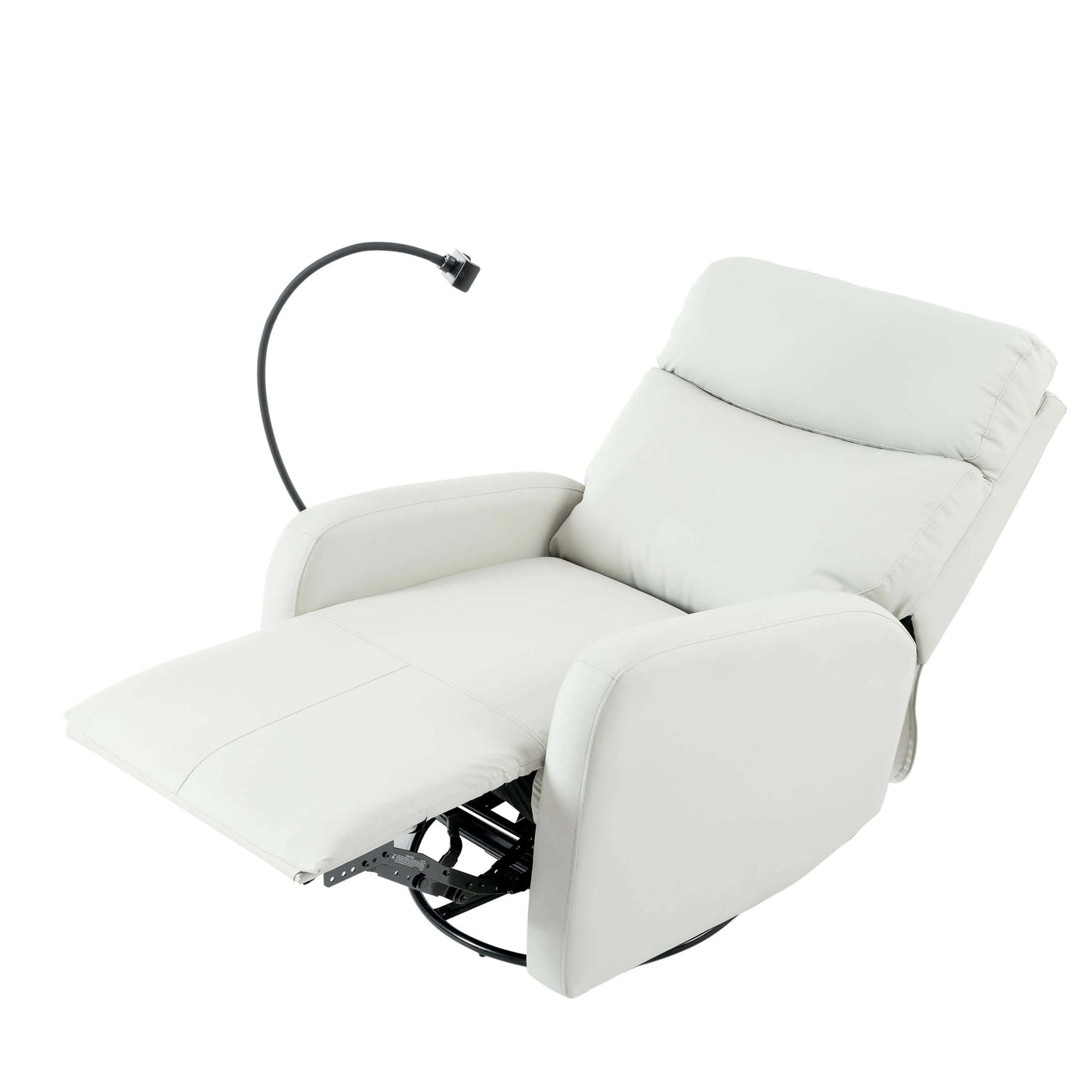 Top view of a fully reclined light gray recliner chair with armrest on a white background