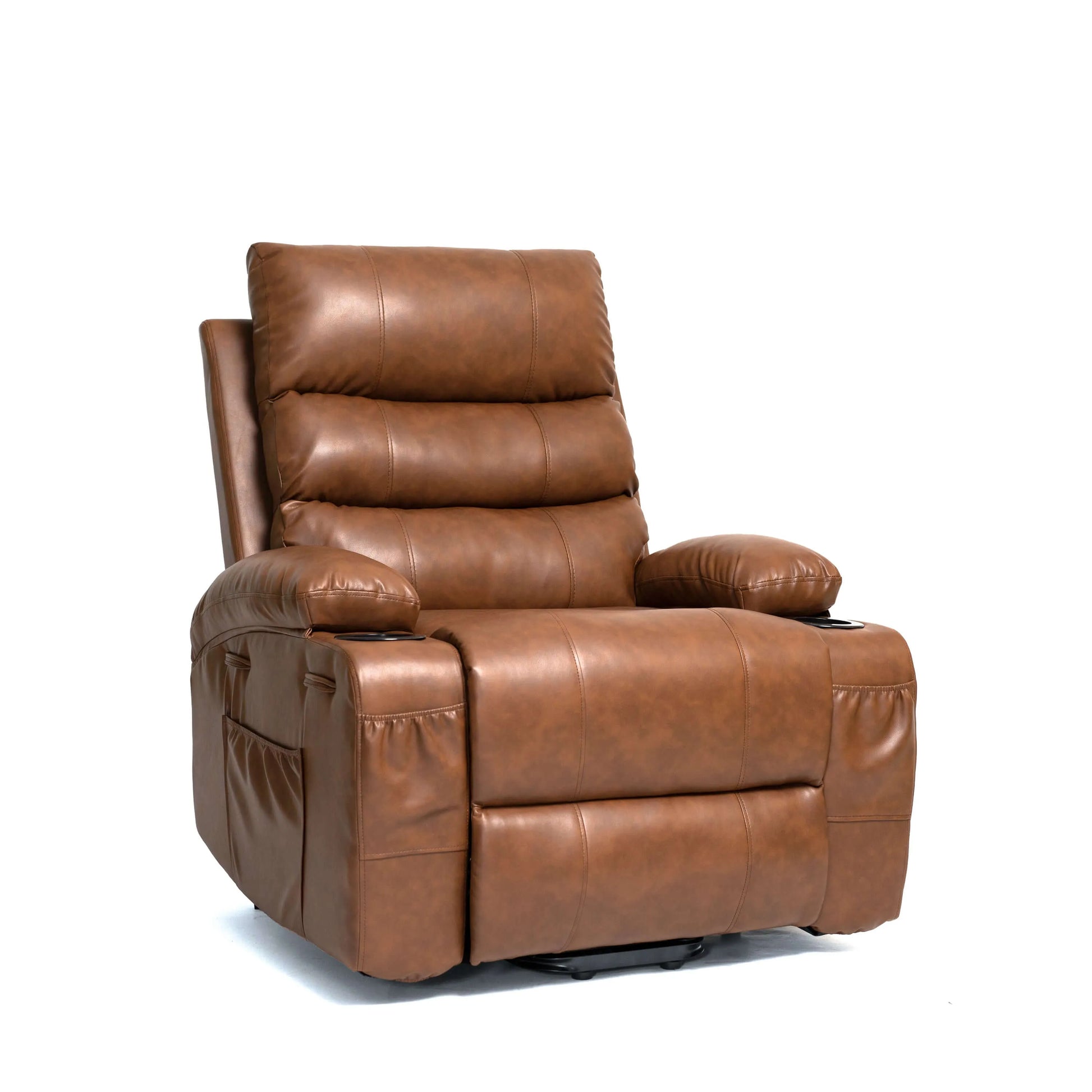 Front view of a brown faux leather power lift recliner chair with wide seat, padded arms, and sleek silhouette - perfecft for cozy living room lounging on a white background