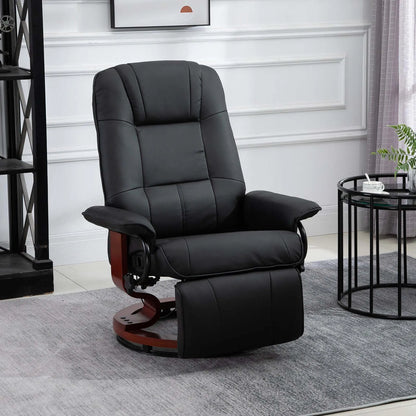 Black recliner chair in a room with a white wall and small table.