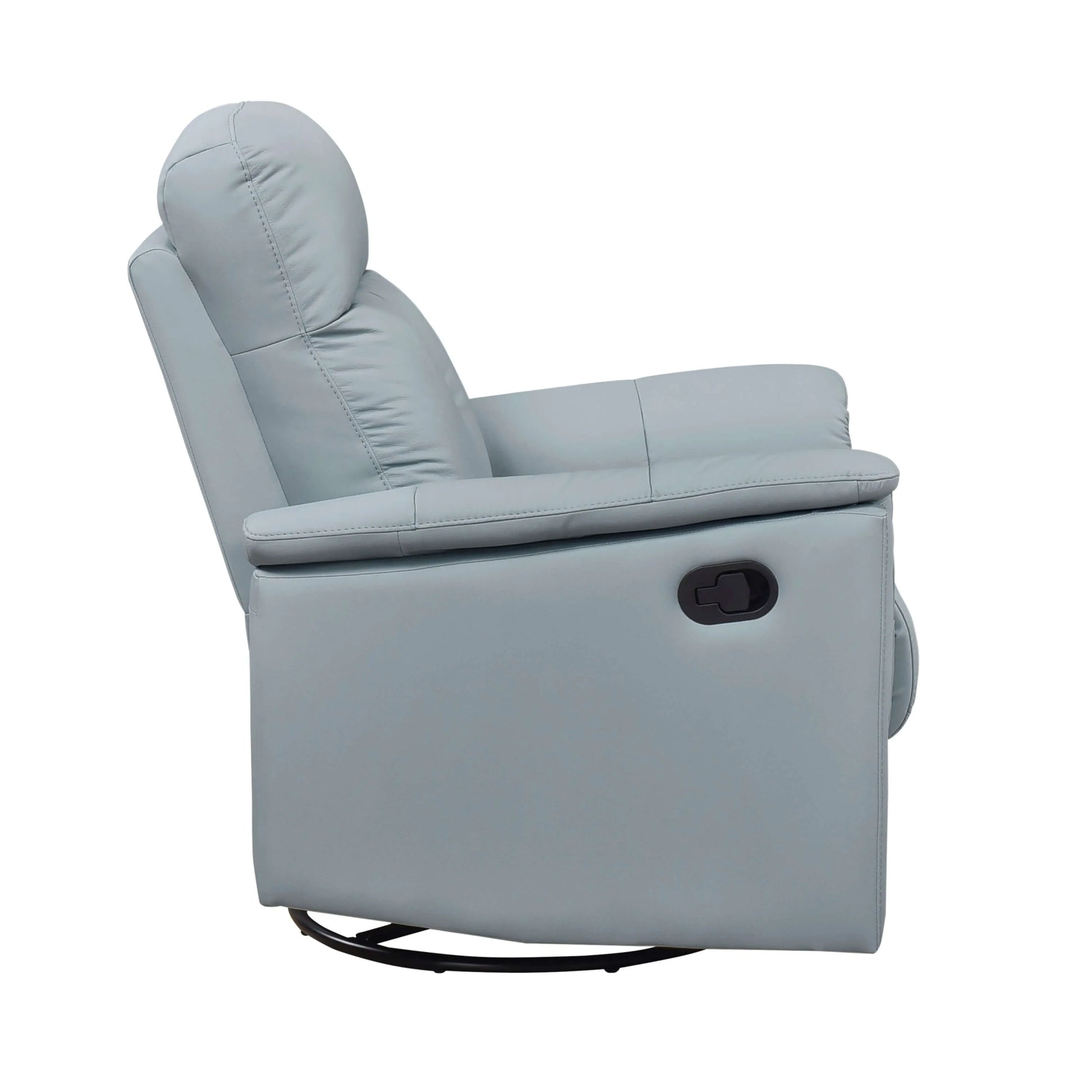 Side view of a blue recliner chair with black base on a white background