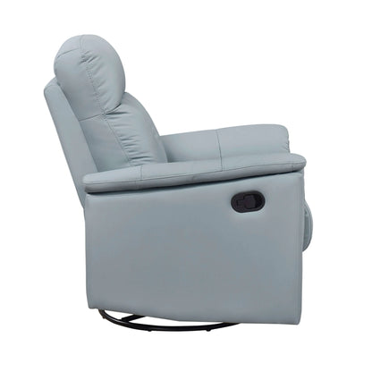 Side view of a blue recliner chair with black base on a white background