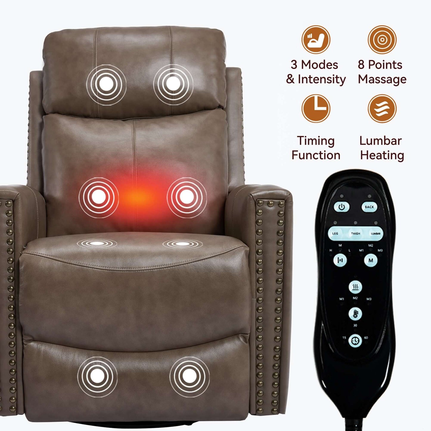 Camel Brown Recliner w/ Heat, Massage, Rocker & Swivel – Manual