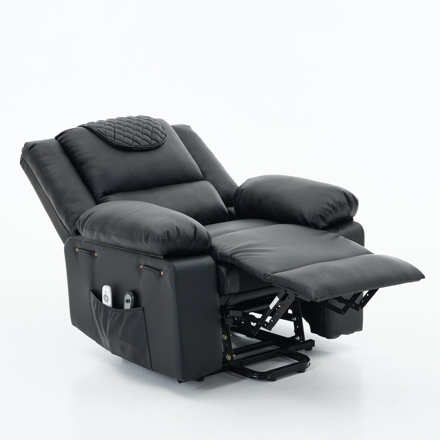 Black recliner chair with storage pocket showing lift footrest mechanism on a white background