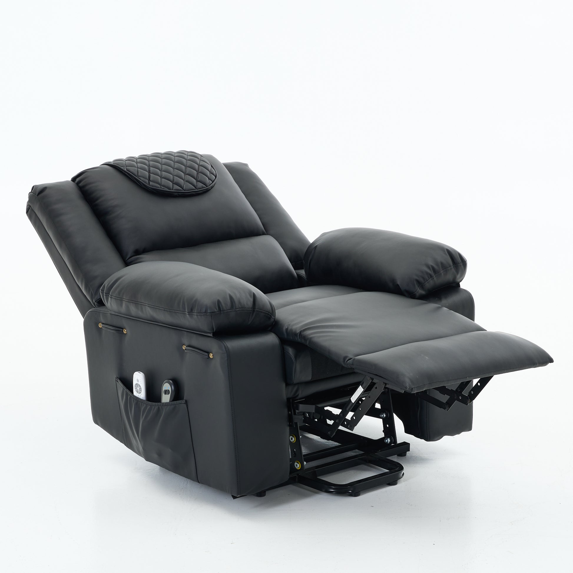 Black recliner chair with storage pocket showing lift footrest mechanism on a white background