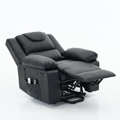Black recliner chair with storage pocket showing lift footrest mechanism on a white background