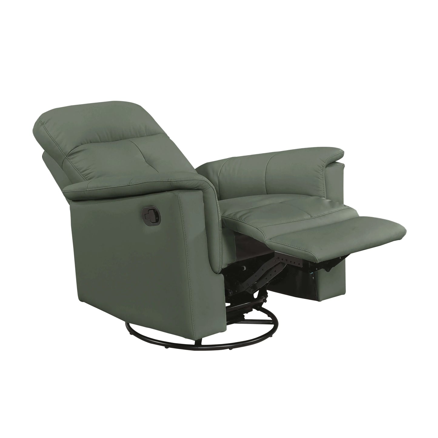 Front right angle view of a green leather swivel glider recliner chair in reclining position on a white background