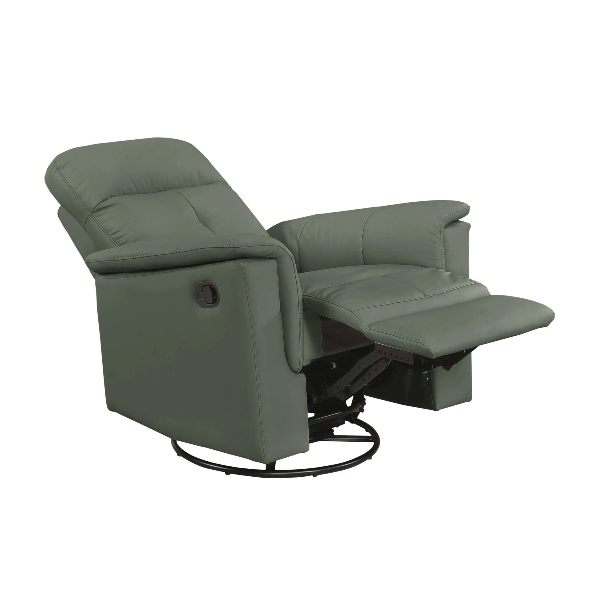 Front right angle view of a green leather swivel glider recliner chair in reclining position on a white background