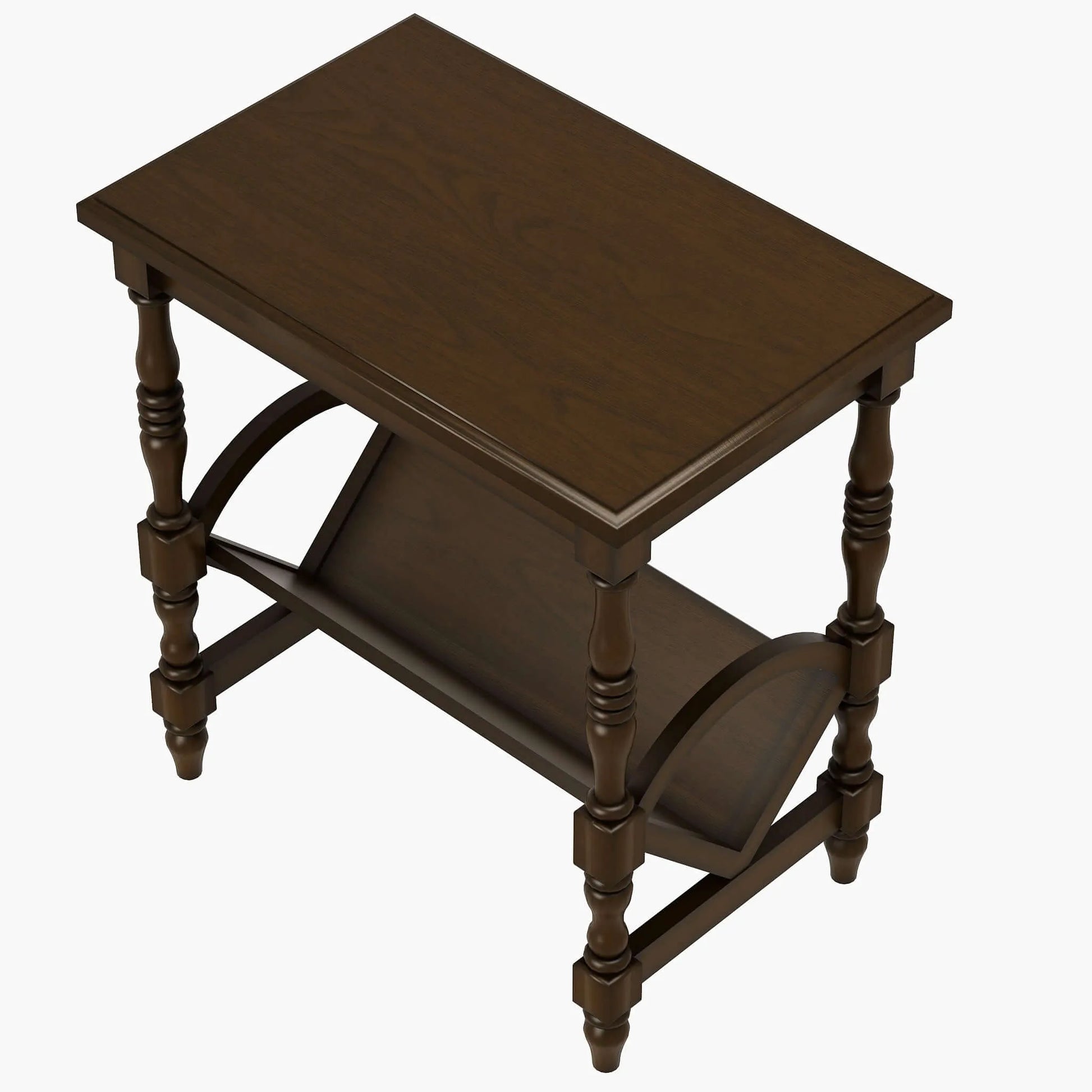 Wooden accent table with a dark finish on a white background