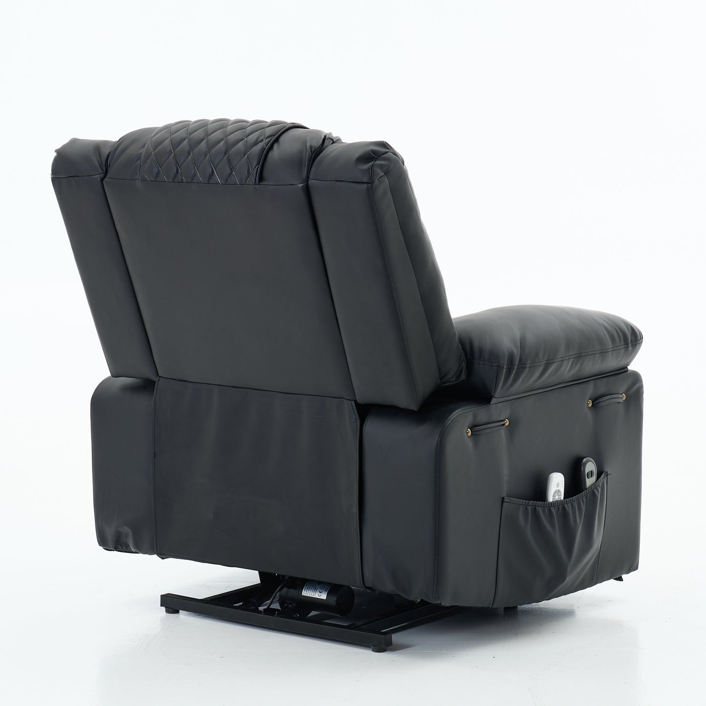 Black recliner chair with black metal base and decorative detail on a white background
