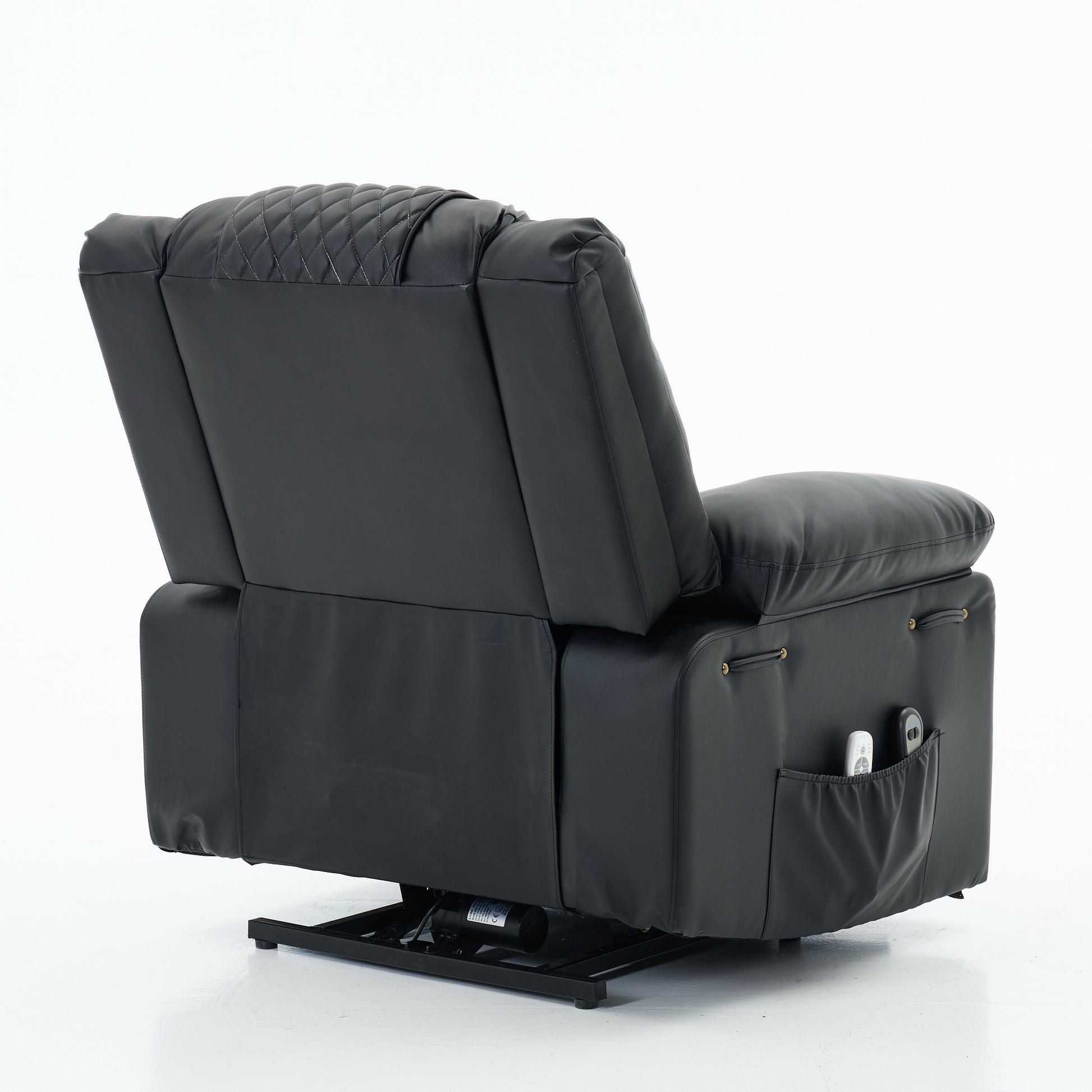 Black recliner chair with black metal base and decorative detail on a white background