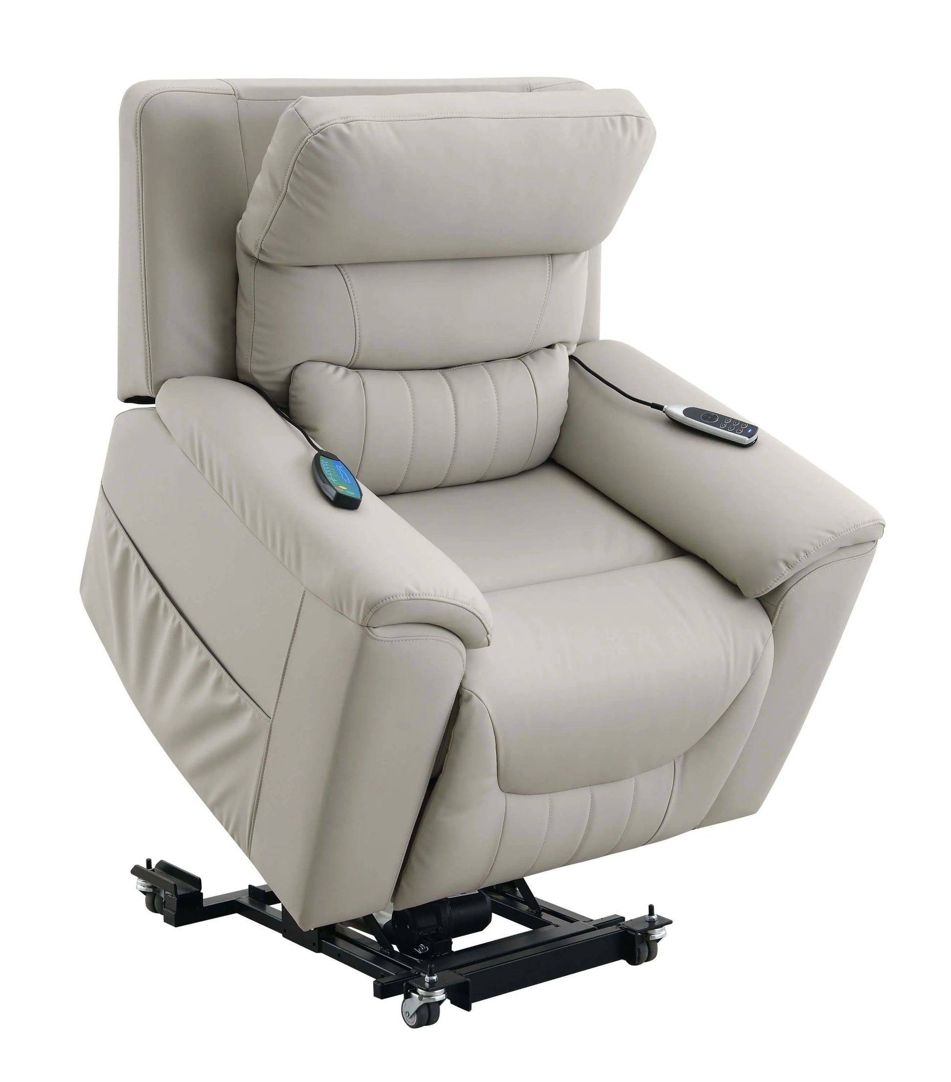 Light gray lift chair with control panel on a white background