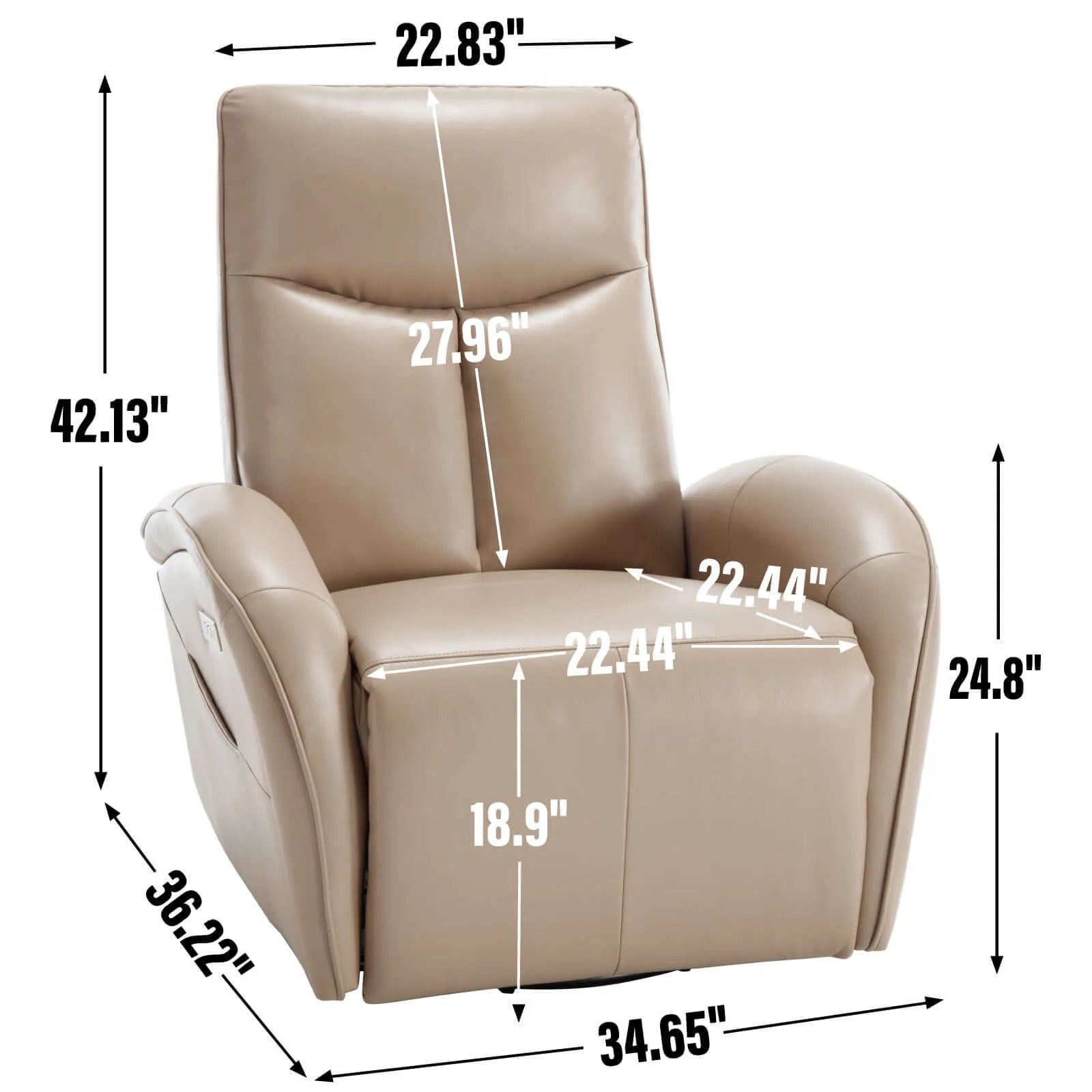 Brown recliner chair with dimensions labeled on a white background