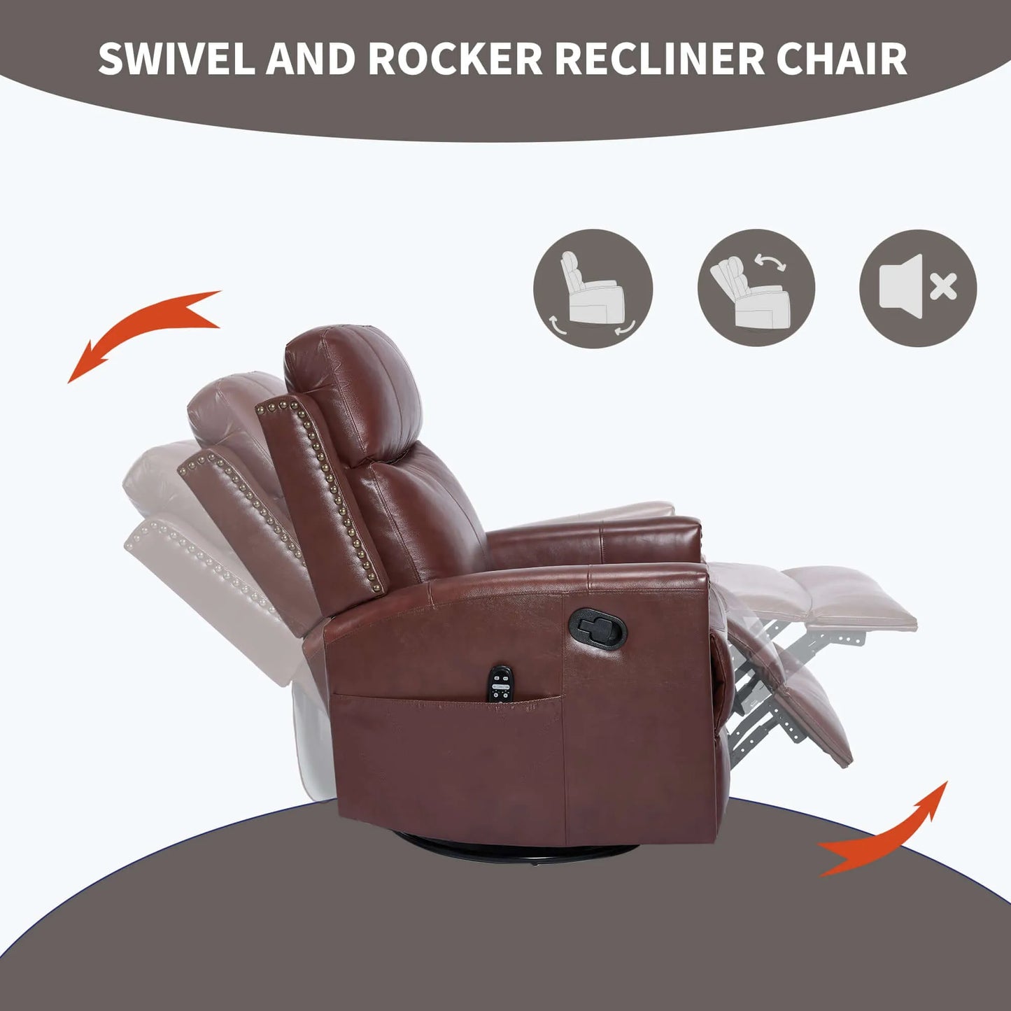 Brown swivel and rocker recliner chair with features indicated on a gray background