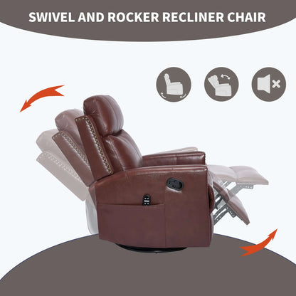 Brown swivel and rocker recliner chair with features indicated on a gray background