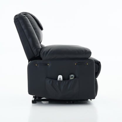 Side view of a black recliner chair with storage pocket and remote controls on a white background