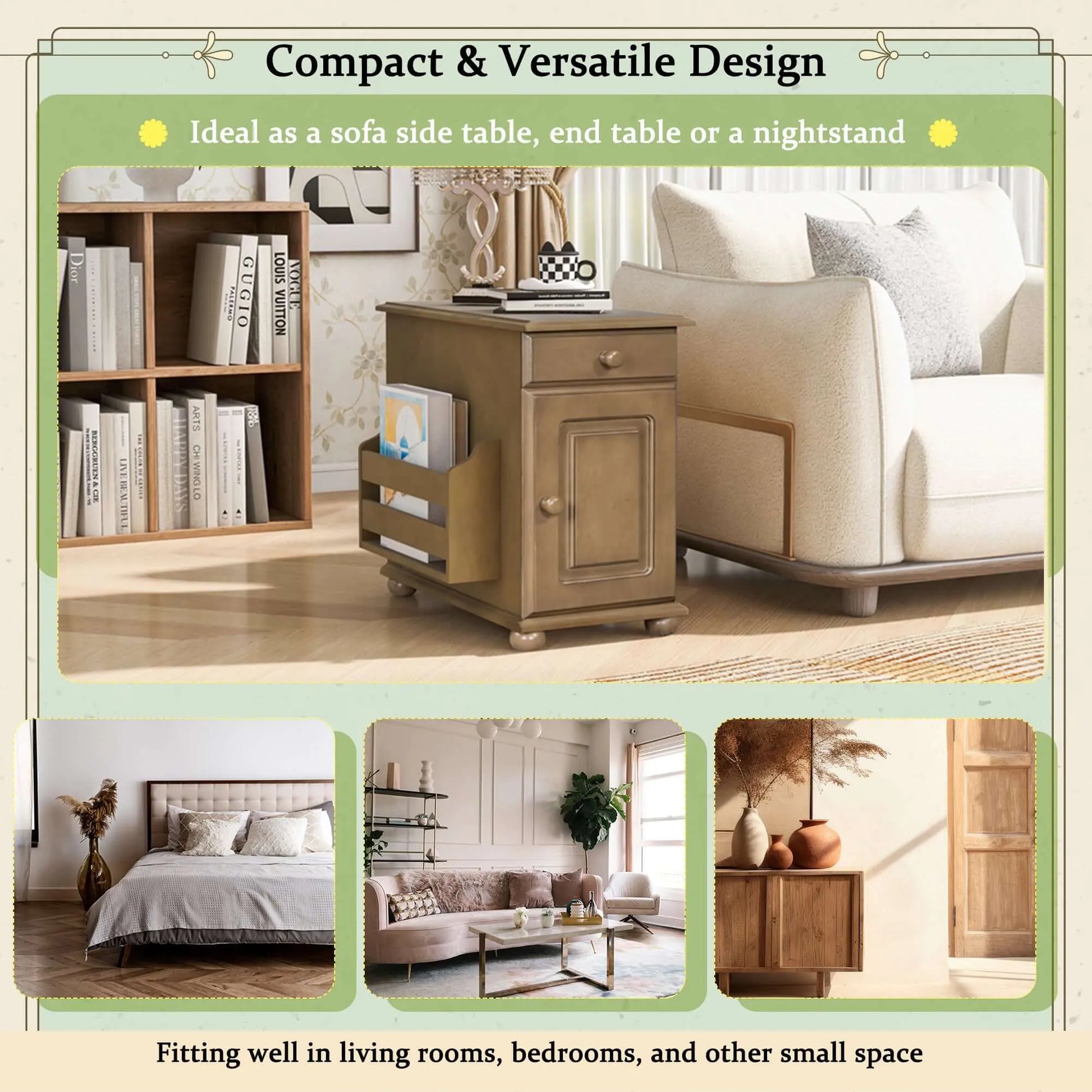 Wooden side table with books and decor items, placed in a living room setting.