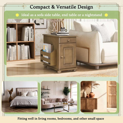 Wooden side table with books and decor items, placed in a living room setting.